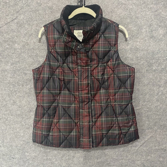 Eddie Bauer Premium Goose Down Vest Womens‎ Sz L Black Tartan Plaid Pockets - Picture 1 of 9